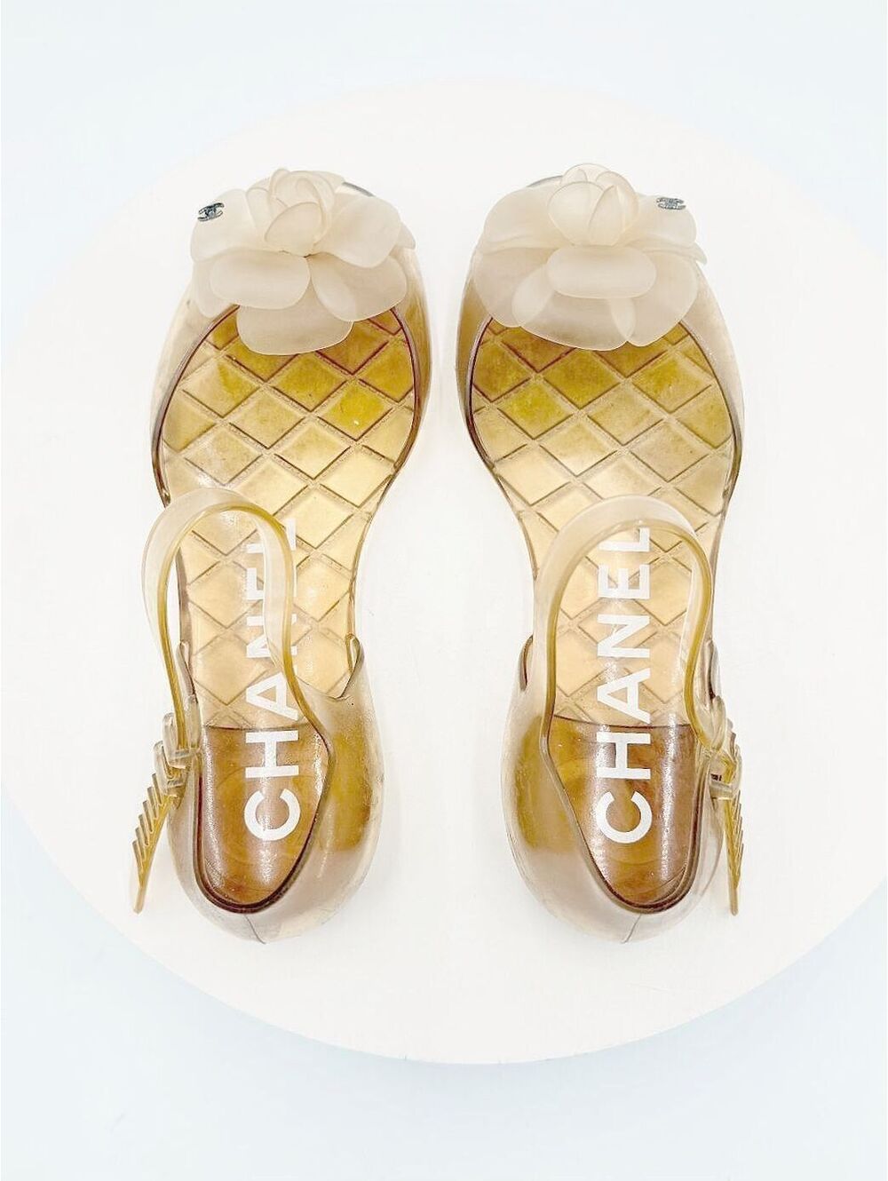 Chanel Camellia Transparent Amber Jelly Ankle Strap Flat Sandals Size 36
